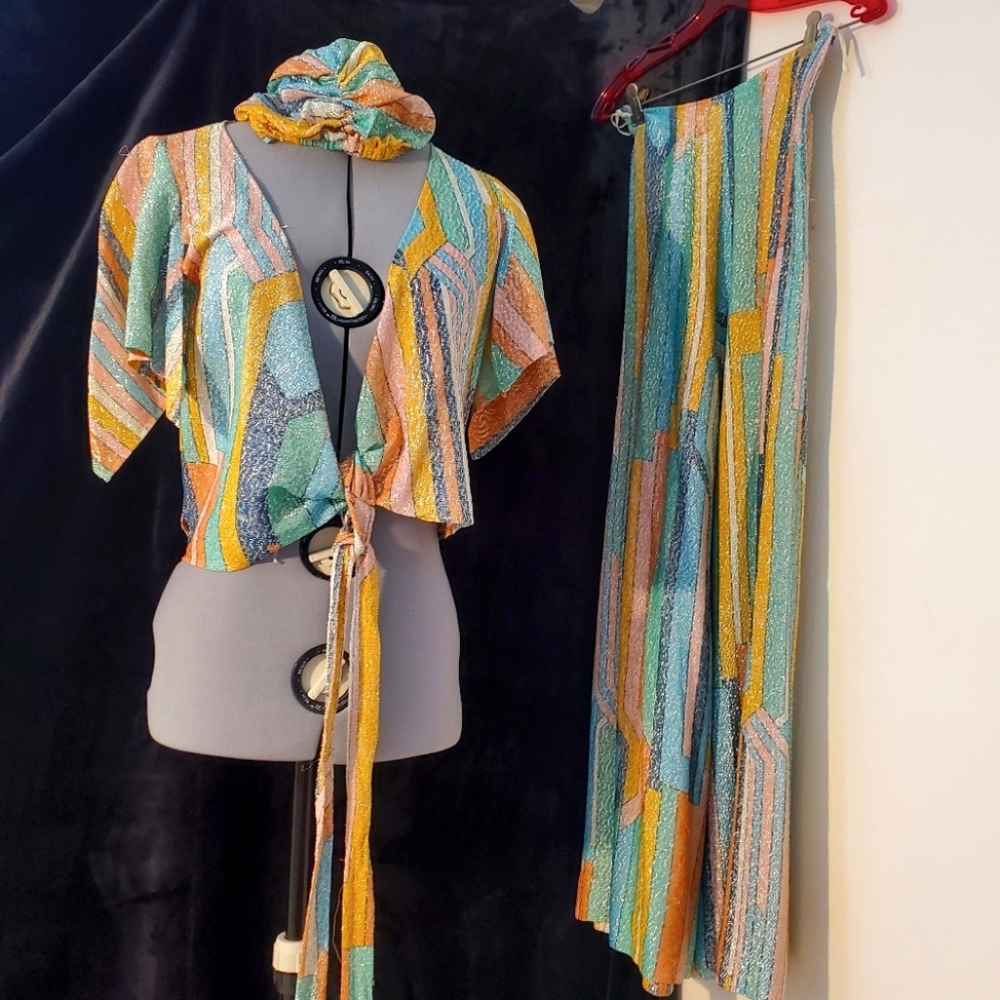 Vintage tie blouse wide leg pants head turban set